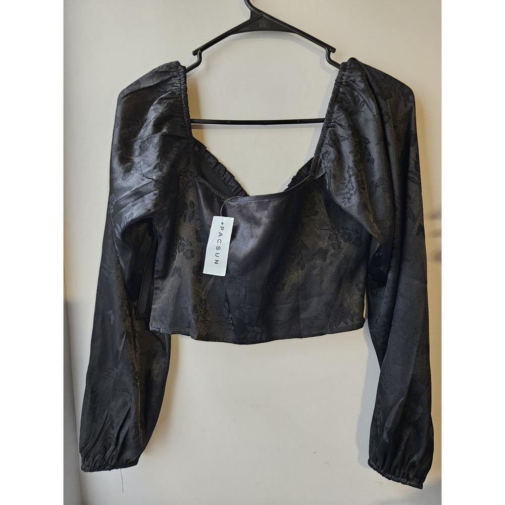 L.A. Hearts PacSun Black Satin Floral Jacquard Long Sleeve Crop Top Ruched Small